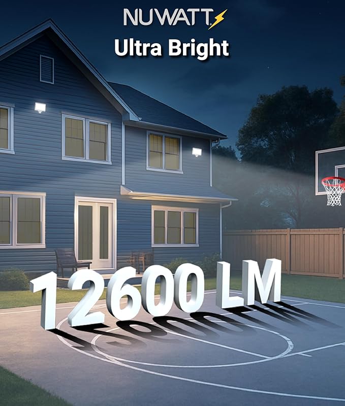 NUWATT 90W LED Flood Light, 3CCT 3000K/4000K/5000K Selectable, IP65 Waterproof Lighting, Adjustable Knuckle Mount, 12600LM, 0-10V Dimmable, 120-277V, Outdoor Security Floodlight for Yard, White, UL