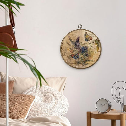 MAQIKA Vintage Butterfly Botanical Framed Wall Art Decor, Butterfly Wall Decor, Wildflower Round Wall Hanging Decor, Farmhouse Butterflies Canvas Prints Wall Art for Office Bedroom, 10x10 Inch
