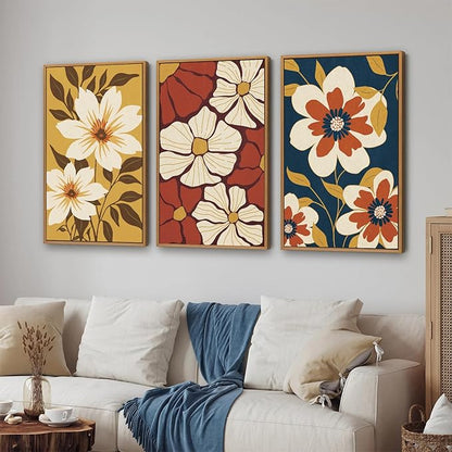 Rantodecor Vintage Floral Framed Canvas Wall Art Set, Mid Century Modern Flowers Wall Decor, Minimalist Retro Botanical Art Paintings, Colorful Neutral Plant for Bedroom Living Room Office 16"x24"x3