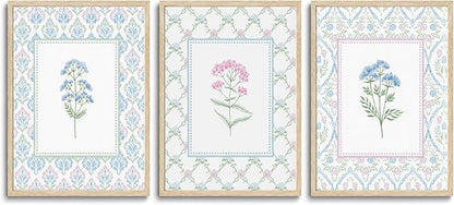 CHMMART 3 Piece Pastel Wildflower Framed Wall Art Nursery Floral Canvas Art Prints Pink Blue Botanical Pictures Wall Decor Boho Flower Painting Artwork for Bedroom Bathroom 16x20in