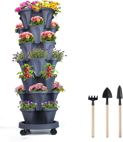 GameXcel Vertical Planter 7 Tier Stackable Planters Garden Planters Strawberry Herb Flower and Vegetable Planter Indoor Outdoor Gardening Pots with Removable Wheels and Tools