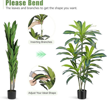 Dracaena Plant Artificial Tree 4Ft Tall Fake Tropical Floor Plants Potted (Real Touch) Artificial Silk Tree Leaf Faux Trees Black Tall Planter for Home Office Living Room Indoor Outdoor Decor