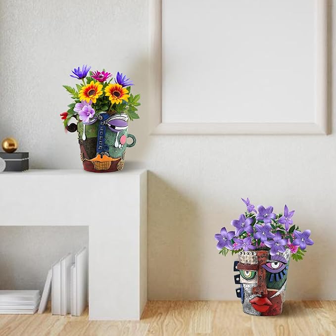 Brutalist Abstract Face Planters Pots, Unique Abstract Flower Pot Head Planter Pot Ornaments Resin Picasso Flowerpot with Drainage Hole for Indoor and Outdoor Plants Home Decor (Serious)