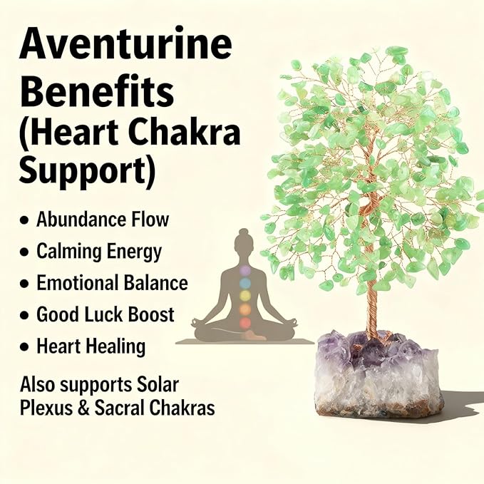 Crystal Tree of Life,Natural Green Aventurine (406 Beads Count) Amethyst Cluster Base, Positive Energy Feng Shui Gem Bonsai Money Tree Good Luck,Gift Size 8.5-9 Inches