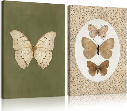 Kdyudo 2 pcs Vintage Butterfly Canvas Framed Wall Art Insect Farmhouse Art Poster Retro Atmosphere Cottage Sail Painting Pictures Country Style Suitable for Kitchen Living Room Wall Decor 16x24 inch