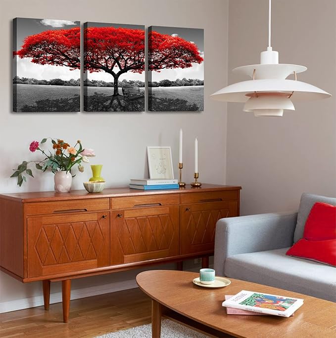 Tree of Life Canvas Wall Art for Living Room 3 Piece Red Tree Pictures for Bedroom Wall Decor Black and White Nature Scenery Painting Prints Modern Home Artwork Framed 12x16 Inch