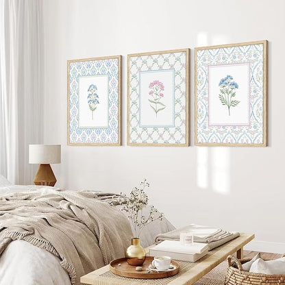 CHMMART 3 Piece Pastel Wildflower Framed Wall Art Nursery Floral Canvas Art Prints Pink Blue Botanical Pictures Wall Decor Boho Flower Painting Artwork for Bedroom Bathroom 16x20in