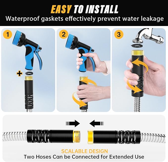 Lefree Garden Hose 100ft, Metal Garden Hose, Flexible Water Hose with 10-Function Nozzle, Stainless Steel Heavy Duty Hose, Crush Resistant, Leak Proof, No Kinks Garden Hoses for Yard, Outdoors, Rv