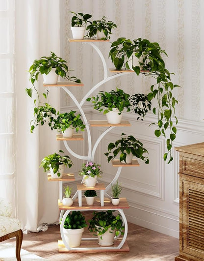 VINGLI 61" Tall White Plant Stand with Grow Light, 10-Tier LED Lighted Plant Shelf, Indoor Plant Rack with Full-Spectrum Grow Lights, Tree-Shaped Metal Plant Stand for Living Room, Balcony