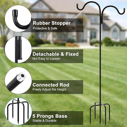 Gtongoko Double Shepherds Hook for Outdoor, 60 Inch Bird Feeder Pole with 5 Prongs Base, 5/8 Inch Thick Heavy Duty Adjustable Garden Hook for Hanging Plant, Lantern, Hummingbird Feeder, 1 Pack