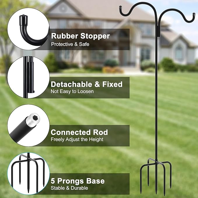 Gtongoko Double Shepherds Hook for Outdoor, 76 Inch Bird Feeder Pole with 5 Prongs Base, 5/8 Inch Thick Heavy Duty Adjustable Garden Hook for Hanging Plant, Lantern, Hummingbird Feeder, 1 Pack