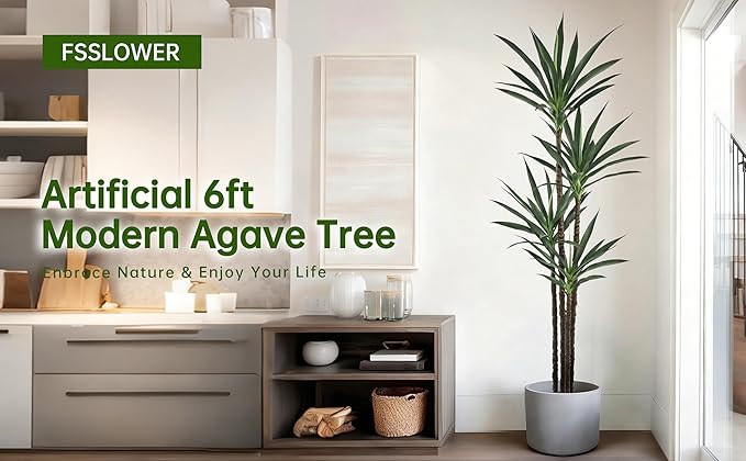 Artificial Agave Tree 6FT with 60 Leaves & 4 Trunks & Elegant Black Pot Realistic Tall Large Fake Faux Modern Tree 72 Inch for Indoor Home Office Porch Store Corner Decor Housewarming Gift
