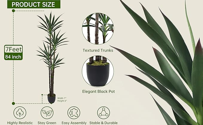 Artificial Agave Tree 7FT with 60 Leaves & 4 Trunks & Elegant Black Pot Realistic Tall Large Fake Faux Modern Tree 84 Inch for Indoor Home Office Porch Store Corner Decor Housewarming Gift