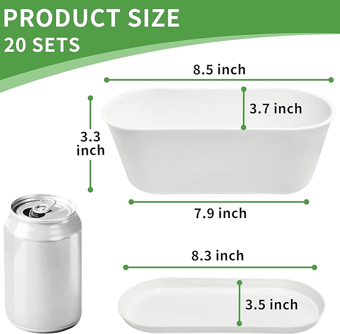 20 Set Window Herb Planter Box Rectangular,8.5x3.5 Inch White Plastic Planters with Multiple Drainage Holes and Trays,Indoor Succulent Cactus Mint Flower Pot for Windowsill,Garden Balcony