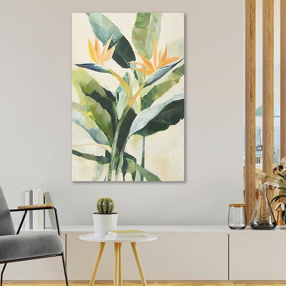 JolyWell Hand-paintd Botanical Canvas Wall Art Watercolor Green Leaf Tropical Plant Art Prints Boho Decor Bird of Paradise Flowers Leaf Wall Painting for Living Room Bedroom 24 x 36 IN