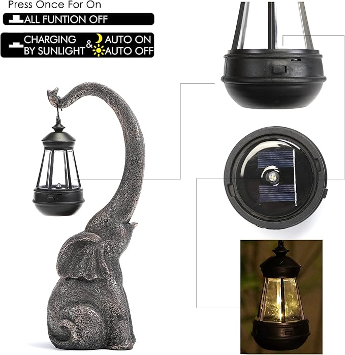 Elephant Garden Statue Solar Lights Outdoor Elephant Statue Porch Decor for Outside Patio Lawn Porch Balcony, Yard Art Lawn Ornaments Elephant Decor Birthday Gifts for Women Mom Grandma Animal Lovers