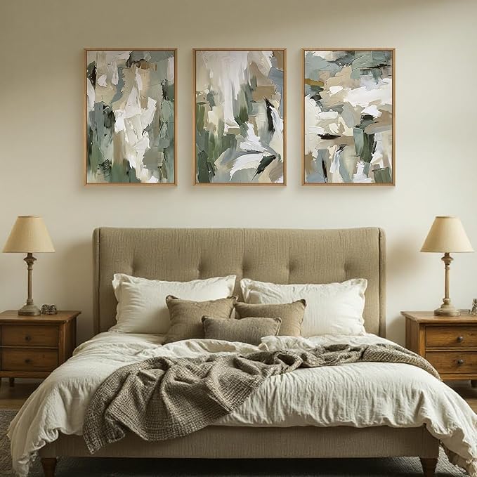 Large Abstract Green Beige Framed Canvas Wall Art Set,Neutral Brush Stroke Watercolor Wall Painting,Modern Minimalist Artwork for Living Room,Bedroom,Dining Room,Office -16"x24"x3