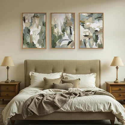 Large Abstract Green Beige Framed Canvas Wall Art Set,Neutral Brush Stroke Watercolor Wall Painting,Modern Minimalist Artwork for Living Room,Bedroom,Dining Room,Office -16"x24"x3