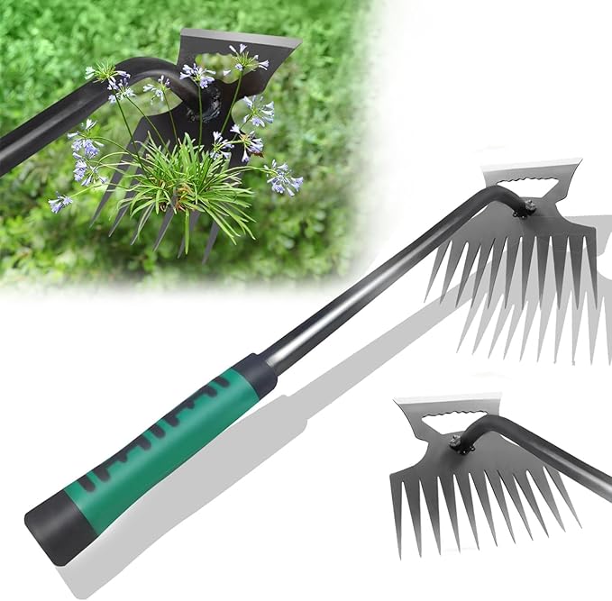 11 Teeth Portable Manganese Steel Weed Puller Tool， Uprooting Steel Hand Weeder Tool for Garden Yard Farm - Durable Manganese, Manual Multifunctional Weeding Artifact Kit (Green)