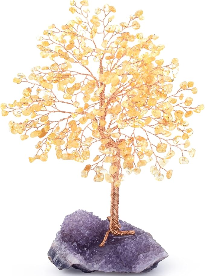 Gemstone Crystal Tree of Life,Natural Citrine(406 Stones Count) with Amethyst Cluster Base,Chakra Healing Crystals Positive Energy Fengshui Bonsai Money Tree Gift 8.5"-9"