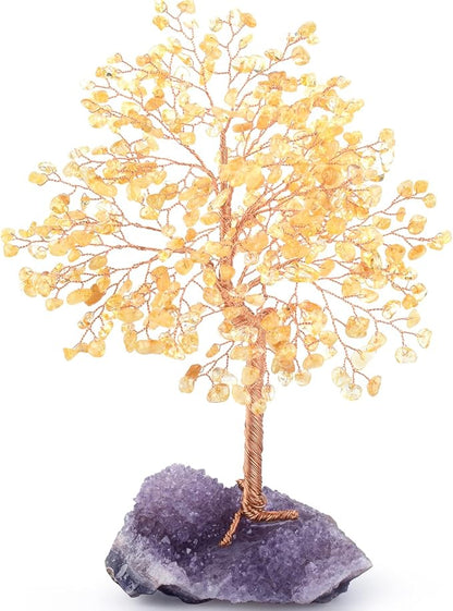 Gemstone Crystal Tree of Life,Natural Citrine(406 Stones Count) with Amethyst Cluster Base,Chakra Healing Crystals Positive Energy Fengshui Bonsai Money Tree Gift 8.5"-9"