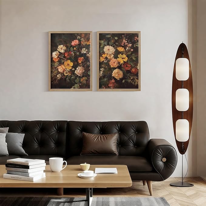 Framed Vintage Canvas Wall Art Classic Floral Oil Painting Style Poster Picture Countryside Painting Nature Scenery Modern Home Print Living Room Gallery Office Ready to Hang 16x24 Inch x2
