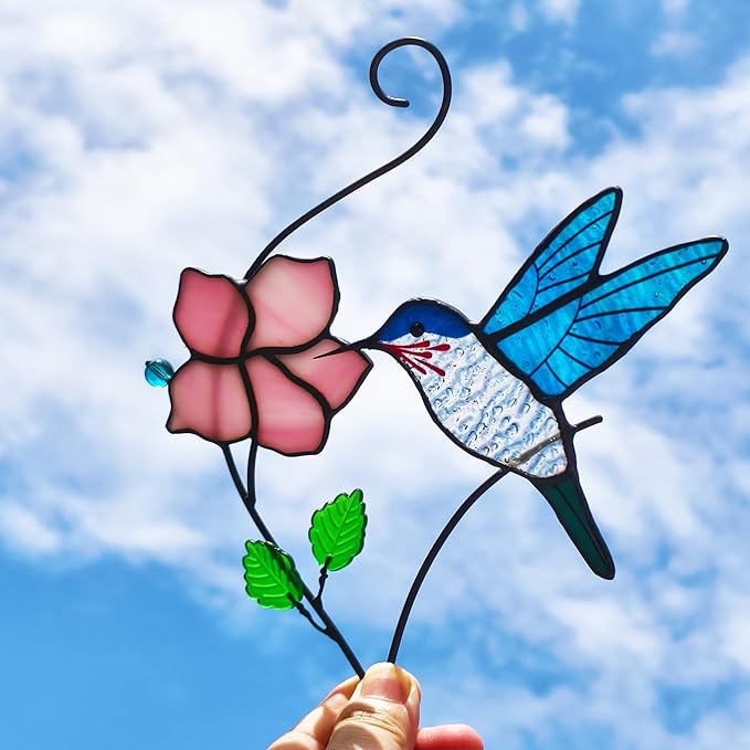 Stained Glass Window Hanging, Handcrafted Hummingbird with Flower Stained Glass Suncatcher for Home Indoor Window Art Decor,Hummingbird Gifts for Women,Mom,Bird Lovers