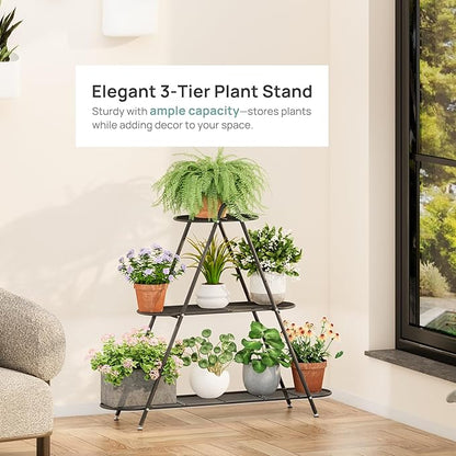 3-Tier Plant Stand, Heavy Duty Metal Planter Rack -Indoor/Outdoor Shelves with Large Tier’s Shelf - Display Multiple Flower Pots, Iron Plant Organizer for Living Room, Patio & Garden