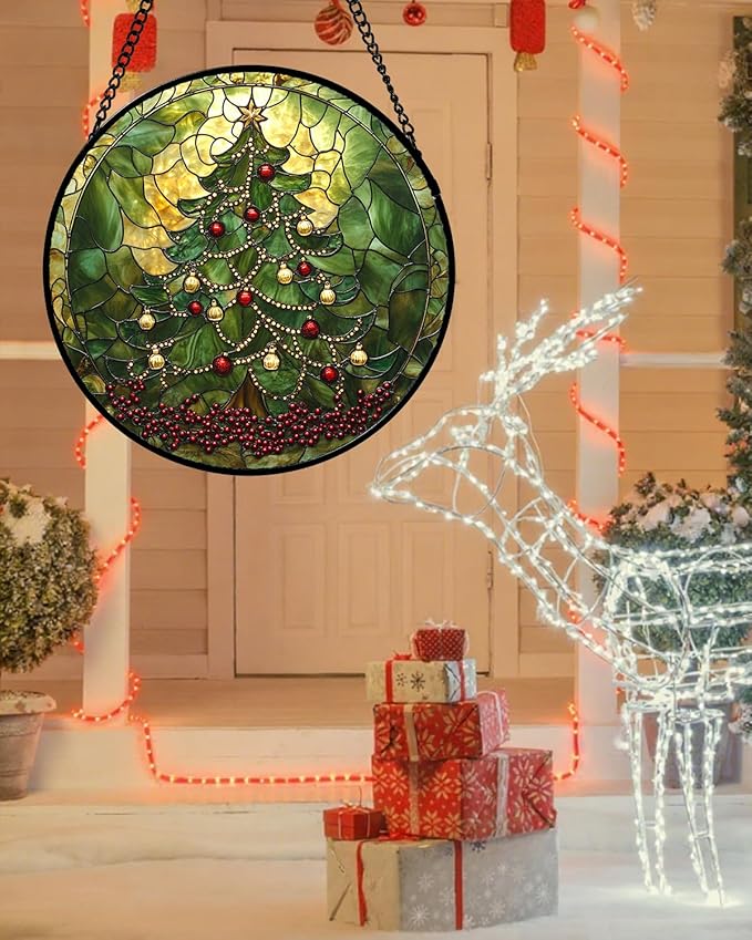 Stained Glass Window Hanging - Retro Green Christmas Tree Suncatcher for Doors Home Christmas Decoration Sun Catcher Thanksgiving New Year Birthday Gifts for Women Men Mom Nana 7.8 in
