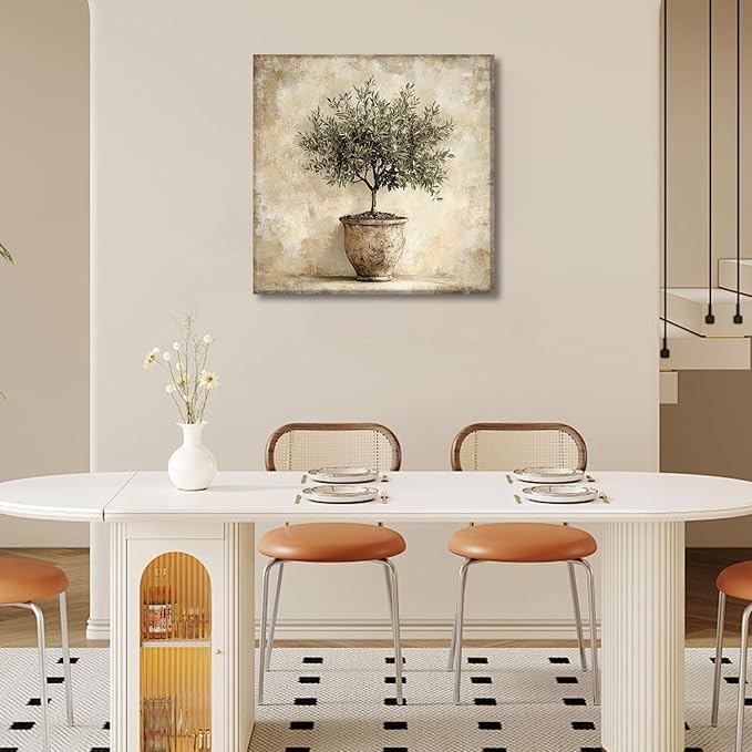 Olive Tree in Vessel Rustic Canvas Wall Art Neutral Botanical Wall Decor Pictures Antique Vintage Potted Plant Poster Prints for Farmhouse Kitchen Dining Room Home Decoration 16x16in Ready to Hang