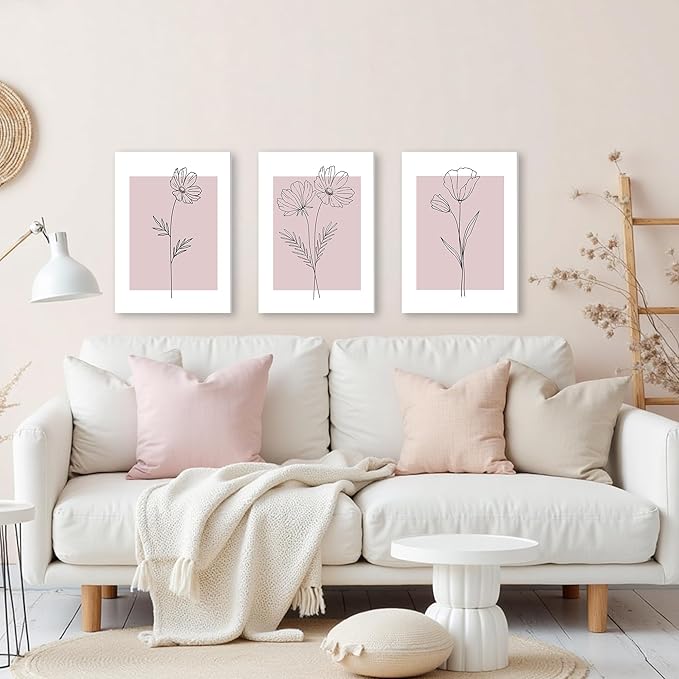 WRFON Pink Line Flower Canvas Wall Art, Light Pink Botanical Aesthetic Pictures, Minimalist Black Line Floral Poster Prints, Abstract Plants Wall Decor for Girls' Room Apartment Framed 12"x16"x3