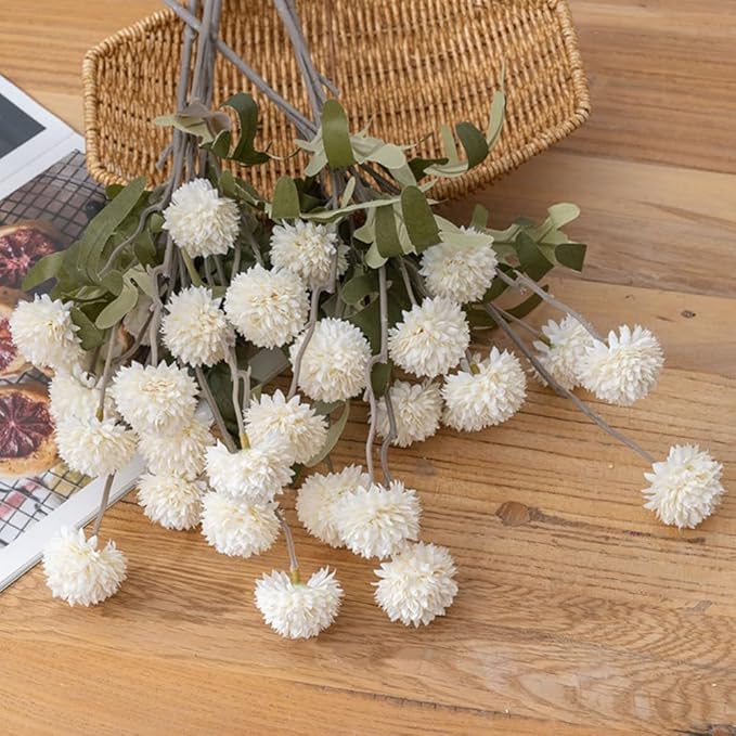 10PCS Artificial Chrysanthemum Ball Flowers Fake Mums with Long Stems Pom Pom Faux Mini Mum Flower Arrangements for Home Party Wedding Decoration (White)
