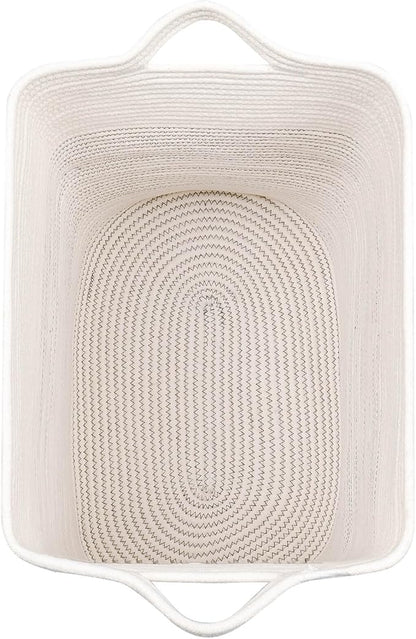 Storage Baskets for Clothes Fabric Cotton Rope Storage Basket with Handles, Decorative Woven Basket for Living Room,Closet Organizer Blankets, and 2bags (White/Black Line, L17.8×W12.5×H17.9)