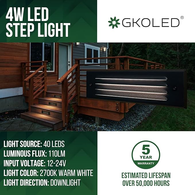 GKOLED Low Voltage Lengthened LED Step Lights, 4W 12V Surface Mount Light with Horizontal Louvered Faceplate, for Steps Decks Pathway Stairs Fences, 2700K, IP65, Die-cast Aluminum, Black (6-Pack)
