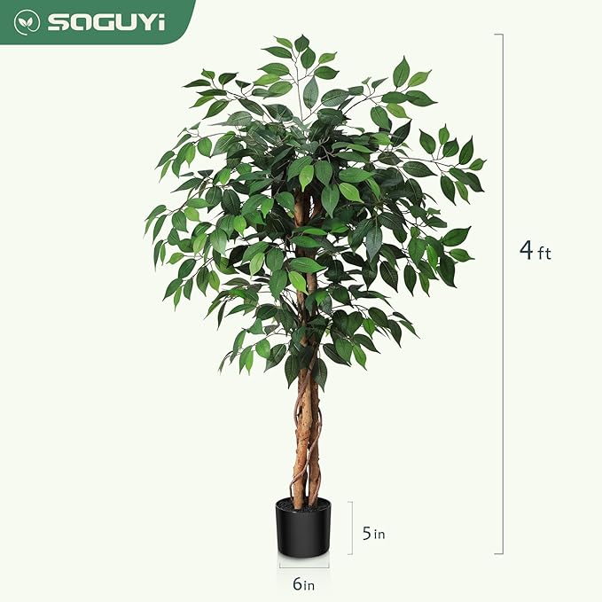 4ft Artificial Ficus Tree with Natural Wood Trunk, Silk Fake Ficus Tree in Plastic Nursery Pot, Faux Plant for Office Home, Indoor Outdoor Decor, 1 Pack