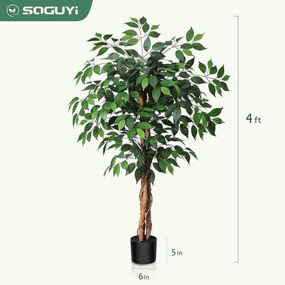 4ft Artificial Ficus Tree with Natural Wood Trunk, Silk Fake Ficus Tree in Plastic Nursery Pot, Faux Plant for Office Home, Indoor Outdoor Decor, 1 Pack