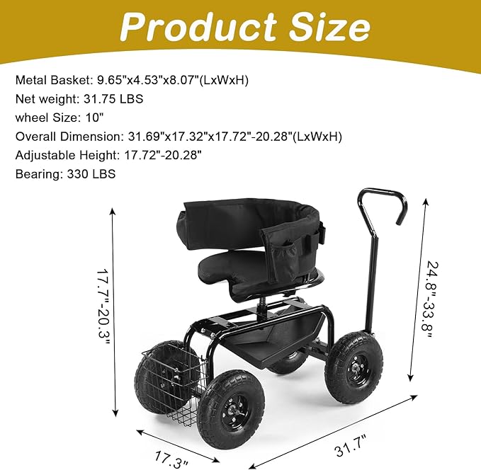 Outvita Rolling Garden Seat with Wheels, Gardening Stool with Height Adjustable 360 Degree Swivel Seat, Ergonomic Backrest, Tool Tray & Storage Basket, Outdoor Gardening Scooter Cart for Patio, Black