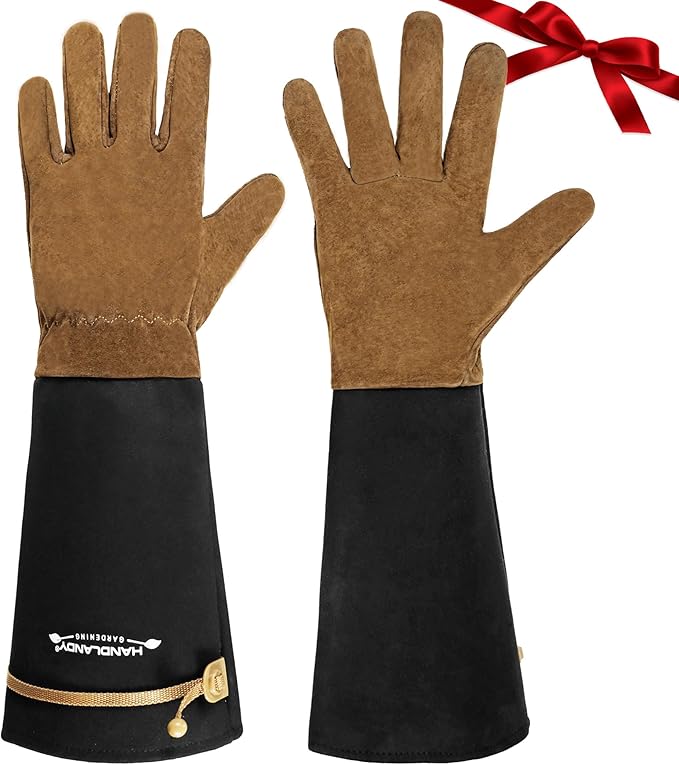 HANDLANDY Long Gardening Gloves for Men & Women, Pigskin Leather Rose Pruning Gloves, Breathable Thorn Proof Gauntlet Glove (Brown-Pigskin, M)