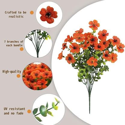 SHIAWASENA Realistic Outdoor Fake Plants Flowers, Artificial Flowers, UV Resistant, 12 Bundles Faux Silk Colorful Violet Flowers Bouquet with Eucalyptus (Yellow & Orange & Red)