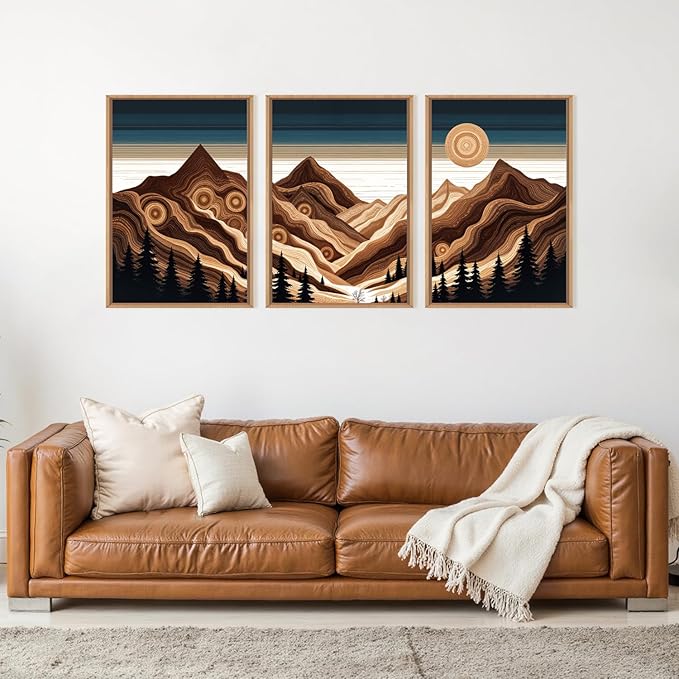 Large Abstract Mountain Woodcut Framed Canvas Wall Art,Modern Tree Ring Wall Decor,Sunrise Ridge Scenery Painting,Retro Desert Artwork for Living Room,Bedroom,Dining Room,Office -16"x24"x3