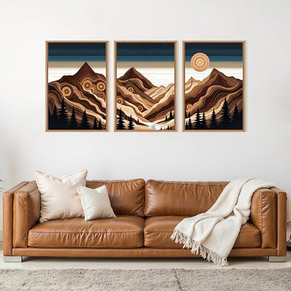 Large Abstract Mountain Woodcut Framed Canvas Wall Art,Modern Tree Ring Wall Decor,Sunrise Ridge Scenery Painting,Retro Desert Artwork for Living Room,Bedroom,Dining Room,Office -16"x24"x3