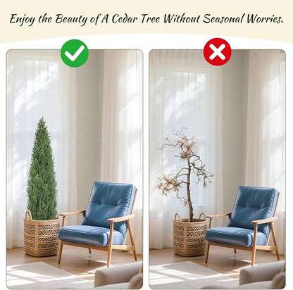 Artificial Cedar Trees for Outdoor 4 FT, 2 Set Outdoor Faux Cedar Bushes Topiary UV Protection and Lush Fake Cypress Shrubs for Front Door Porch Patio Garden Balcony Fence Outside Decoration