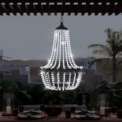 Hanging Solar Lantern Outdoor, 28” Modern Clear Crystal Acrylic Chandelier with 30 Cool White Lights S Hook for Garden, Yard, Patio, Gazebo Decorations