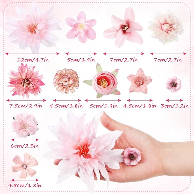 80 Pcs Assorted Fake Flower Heads Mini Artificial Flower Heads Bulk Silk Faux Daisy for Crafts Fake Peony Rose for Wedding Party Wreath Home Decoration(Pink)