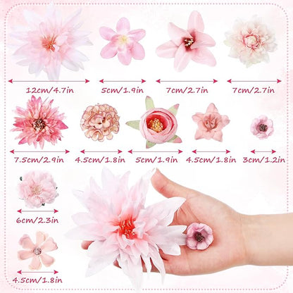 80 Pcs Assorted Fake Flower Heads Mini Artificial Flower Heads Bulk Silk Faux Daisy for Crafts Fake Peony Rose for Wedding Party Wreath Home Decoration(Pink)