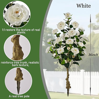Artificial Camellia Tree with Spike, 36” Tall Faux Artificial Plants Outdoor Flower Tree with White Blooming Camellia Flower, Fake Flower Tree for Home, Garden Decor(White)