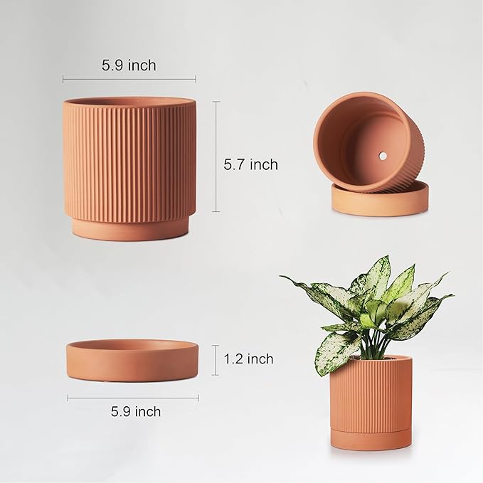 Modern Terracotta Pots, 6 Inch Ribbed Textured Clay Planter Pots with Drainage Hole & Saucer, Garden Pots for Indoor/Ourdoor Plants, Succulent Cactus & Herb