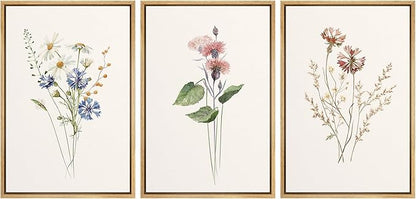 Ashbrook Framed Canvas Print Wall Art Set Pastel Flower Variety Nature Wilderness Illustrations Modern Art Decorative Floral Botanical Minimal Calm/Relax/Cozy for Bedroom - 24"x36"x3 Natural