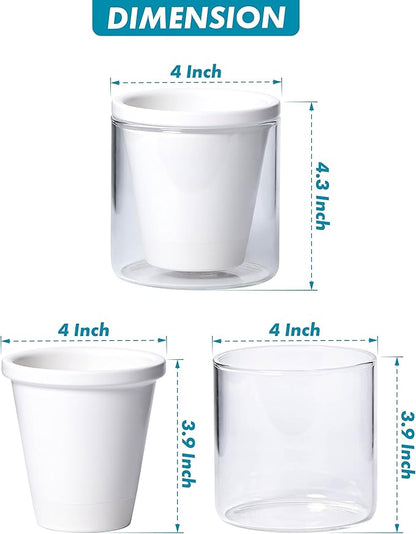 D'vine Dev 4 Inch Design Self Watering Planter for Indoor Plants, White Terracotta Pots with Cylinder Glass Cup, Set of 2, 37-Y-A-2