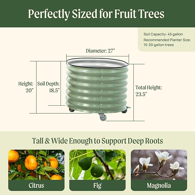 Rolling Metal Citrus Tree Planter Pot, 27″ Round Planter Box for Porch Patio & Backyard, 45 Gallon Large Planter Pot with Wheels for Growing Trees Tomatoes Vegetables and Flowers, Olive Green